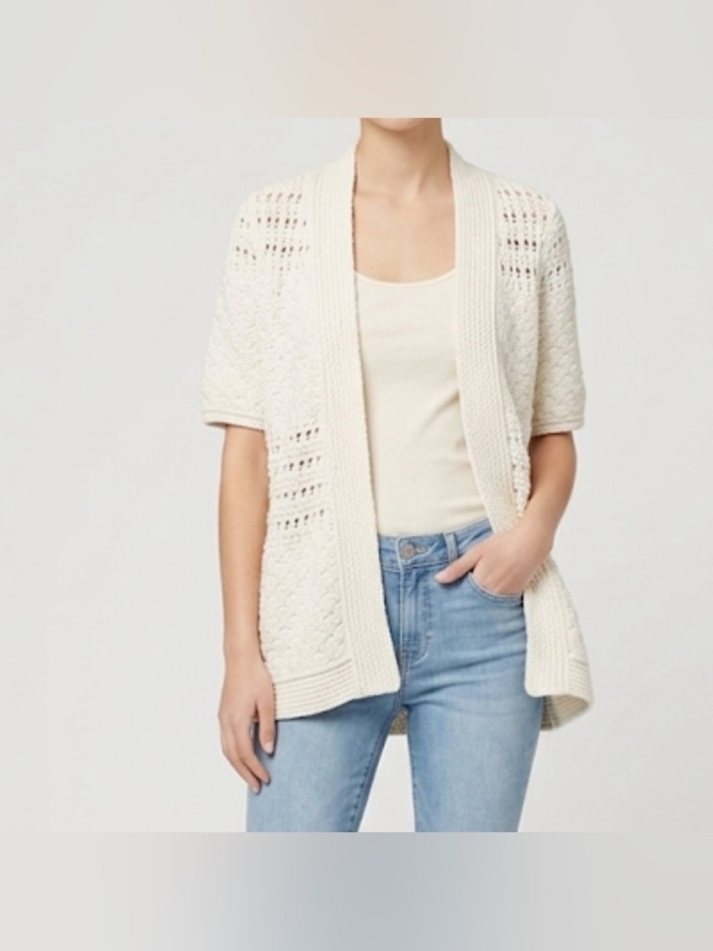 LOFT Open Knit Crochet Cardigan Womens Small White Cotton Linen Boho cottagecore